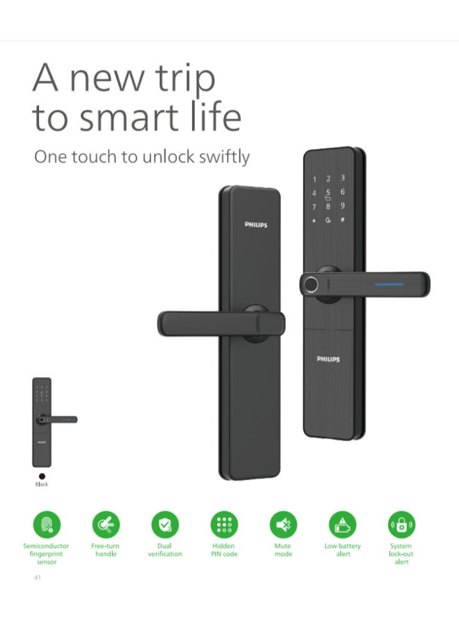 Philips Smart Door Lock 609  Easykey , Bluetooth, Offline Pin Sharing, Intuitive Fingerprint, Dual Verification, Hidden Pin, 4 Unlock Methods, Low Battery Alert 70 mm black - Image 3