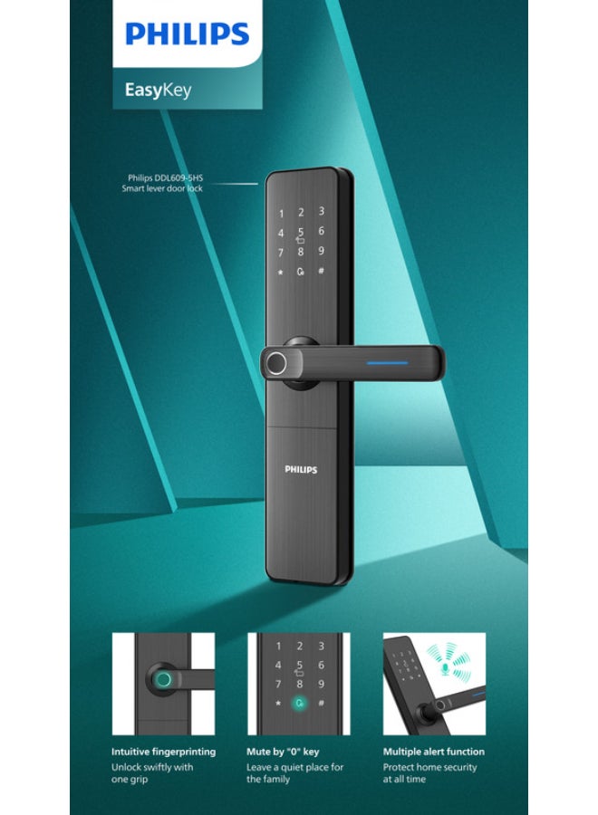 Philips Smart Door Lock 609  Easykey , Bluetooth, Offline Pin Sharing, Intuitive Fingerprint, Dual Verification, Hidden Pin, 4 Unlock Methods, Low Battery Alert 70 mm black - Image 1