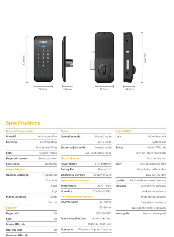 Philips Smart Rim Door Lock 5100 , App Unlock,  Fingerprint, Pin, Key Tag, Mechanical Key, Works With Assistant & Alexa black - Image 2