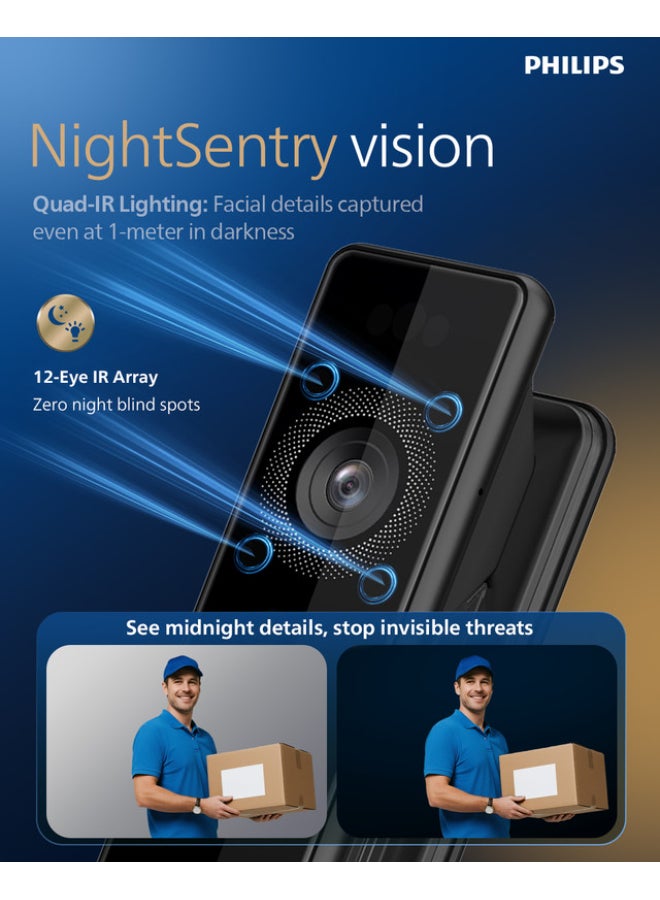 Philips Smart Door Lock 902  Facial Recognition Palm Vein Recognition With Motion Sensor, No-Touch Unlock, Hidden Pin Code, Video Door Viewer, Night Vision, Cloud Storage, 4 HD Display & Alerts 60mm black - Image 4