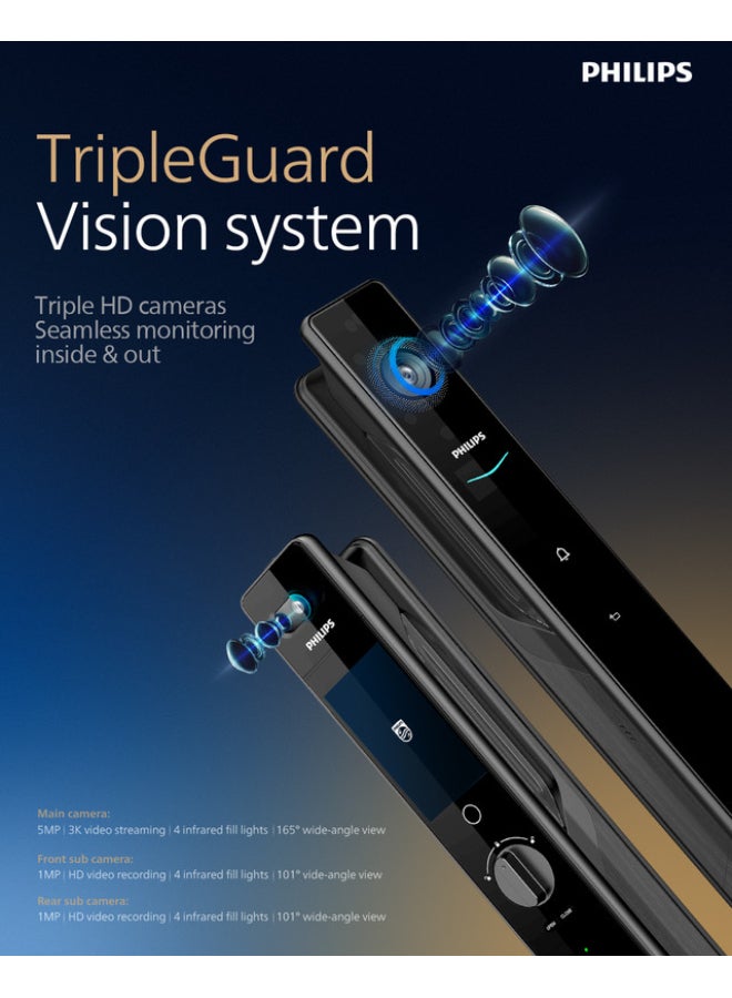 Philips Smart Door Lock 902  Facial Recognition Palm Vein Recognition With Motion Sensor, No-Touch Unlock, Hidden Pin Code, Video Door Viewer, Night Vision, Cloud Storage, 4 HD Display & Alerts 60mm black - Image 3