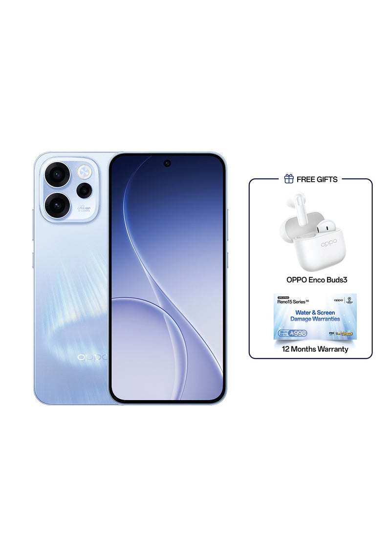 أوبو رينو 15F 5G بشريحتين باللون أزرق أورورا، ذاكرة رام 12 جيجابايت وذاكرة داخلية 256 جيجابايت، يدعم 5G – نسخة الشرق الأوسط مع هدية سماعات أوبو Enco Buds3 - Image 1