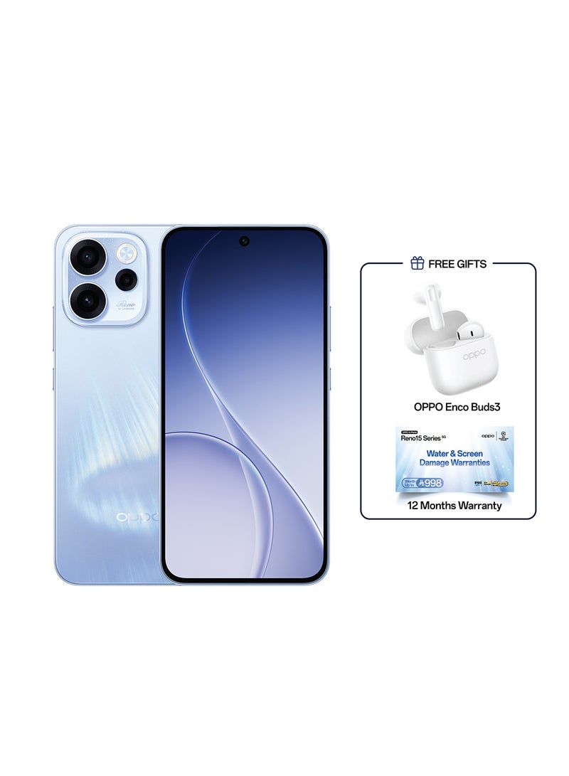 أوبو رينو 15F 5G بشريحتين باللون أزرق أورورا، ذاكرة رام 12 جيجابايت وذاكرة داخلية 512 جيجابايت، يدعم 5G – نسخة الشرق الأوسط مع هدية سماعات أوبو Enco Buds3 - Image 1