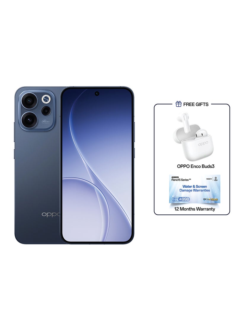 أوبو رينو 15F 5G بشريحتين باللون أزرق تويل لايت، ذاكرة رام 12 جيجابايت وذاكرة داخلية 512 جيجابايت، نسخة الشرق الأوسط مع هدية سماعات أوبو Enco Buds3 - Image 1