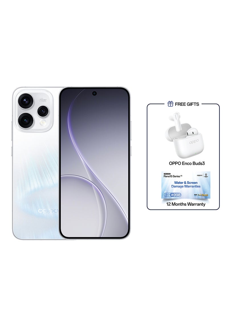 أوبو رينو 15 5G بشريحتين باللون أبيض أورورا، ذاكرة رام 12 جيجابايت وذاكرة داخلية 512 جيجابايت، نسخة الشرق الأوسط مع هدية سماعات أوبو Enco Buds3 - Image 1