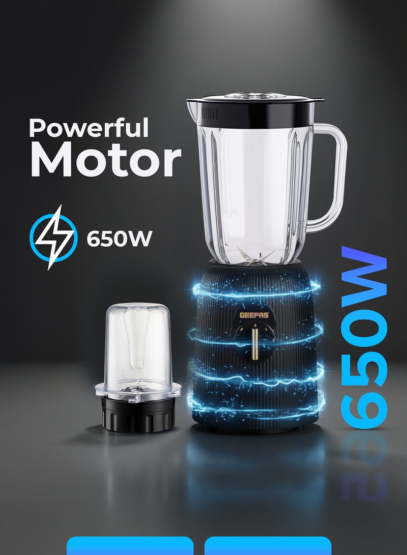 GEEPAS 2-in-1 Blender- 650 W, with 2 Speed Setting and Pulse/ Transparent Unbreakable Jars with Stainless Steel Blade, Grinder Attachment/ 1.8 Liters Blending Jar, Perfect for making Smoothies, Milkshakes, etc. and Grinding Beans, Coconut, Nuts, 2 Years Warranty 1.8 L 650 W GSB44036 B;LACK - Image 3