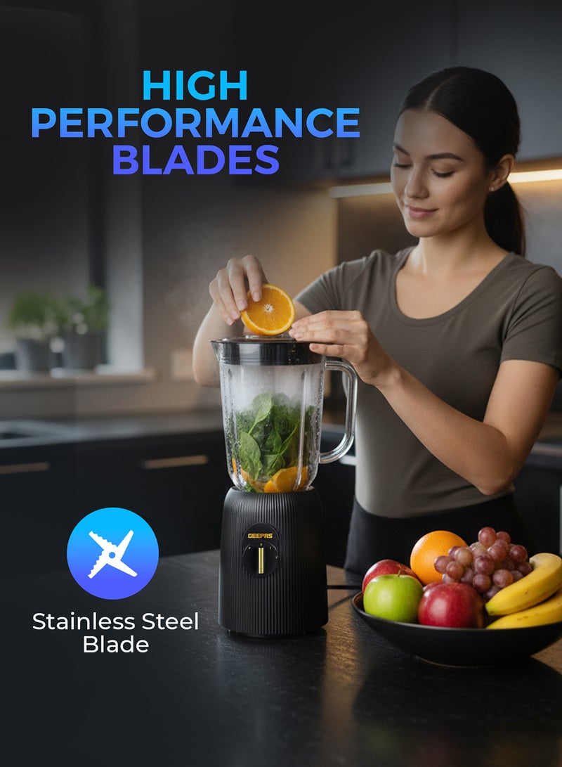 GEEPAS 2-in-1 Blender- 650 W, with 2 Speed Setting and Pulse/ Transparent Unbreakable Jars with Stainless Steel Blade, Grinder Attachment/ 1.8 Liters Blending Jar, Perfect for making Smoothies, Milkshakes, etc. and Grinding Beans, Coconut, Nuts, 2 Years Warranty 1.8 L 650 W GSB44036 B;LACK - Image 5