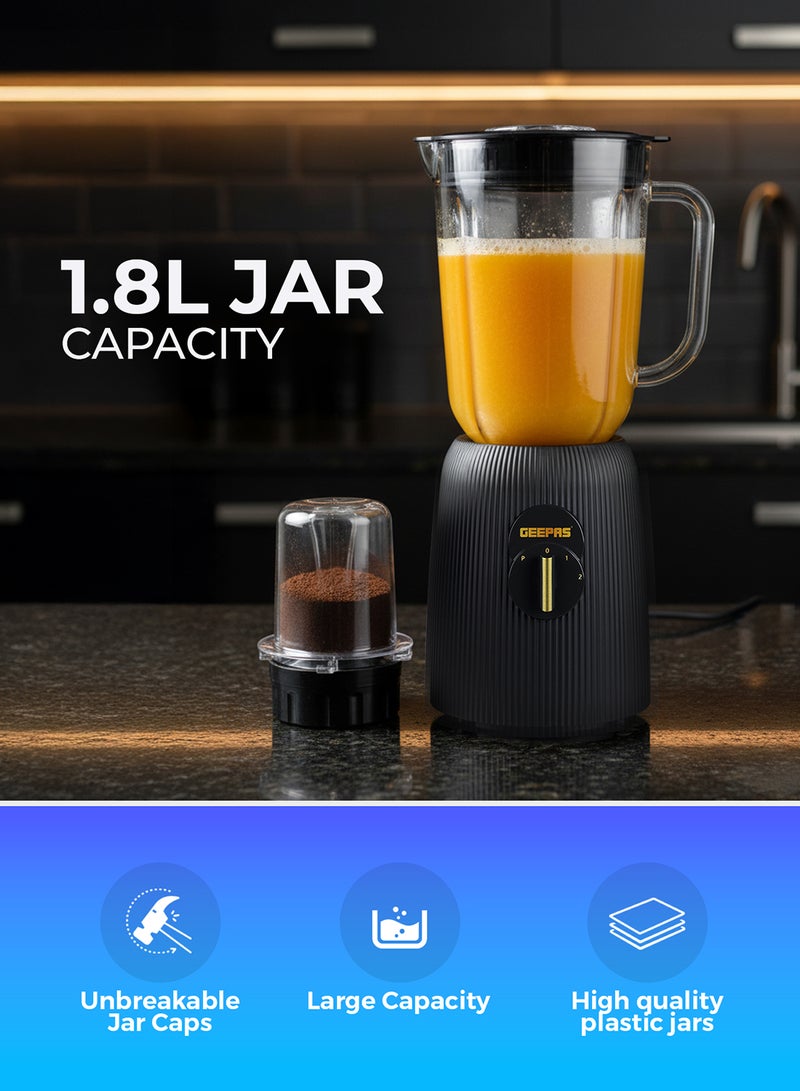 GEEPAS 2-in-1 Blender- 650 W, with 2 Speed Setting and Pulse/ Transparent Unbreakable Jars with Stainless Steel Blade, Grinder Attachment/ 1.8 Liters Blending Jar, Perfect for making Smoothies, Milkshakes, etc. and Grinding Beans, Coconut, Nuts, 2 Years Warranty 1.8 L 650 W GSB44036 B;LACK - Image 2
