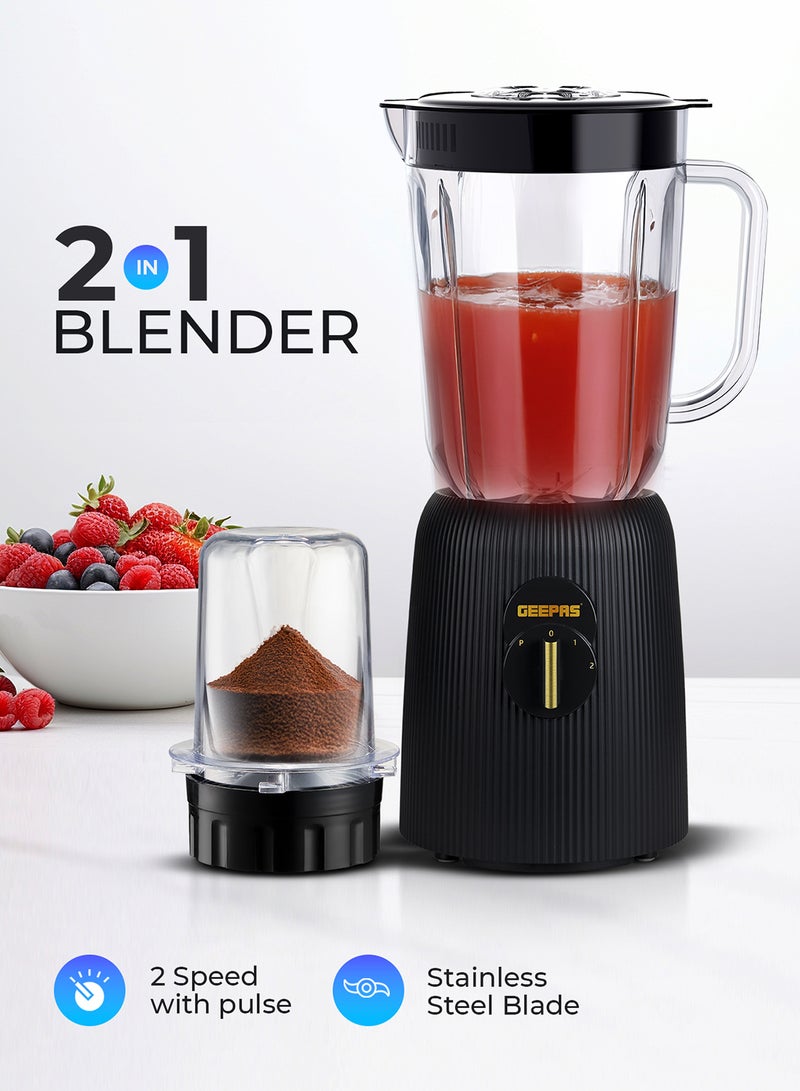 GEEPAS 2-in-1 Blender- 650 W, with 2 Speed Setting and Pulse/ Transparent Unbreakable Jars with Stainless Steel Blade, Grinder Attachment/ 1.8 Liters Blending Jar, Perfect for making Smoothies, Milkshakes, etc. and Grinding Beans, Coconut, Nuts, 2 Years Warranty 1.8 L 650 W GSB44036 B;LACK - Image 1