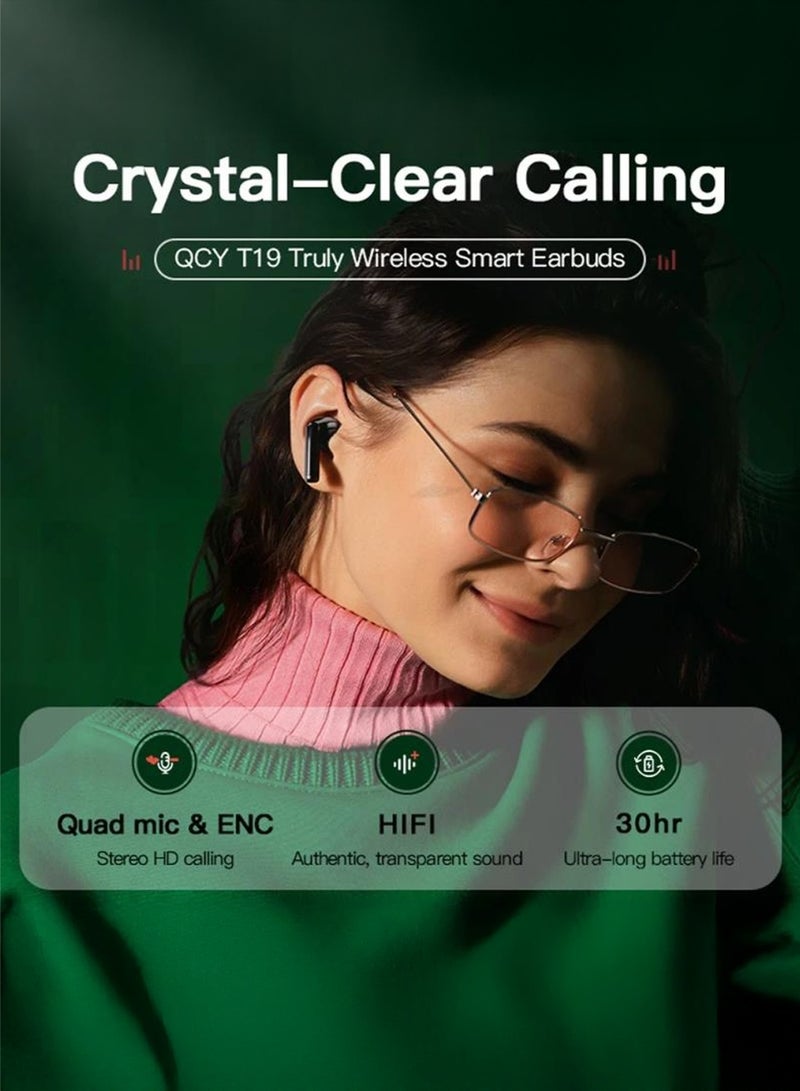 كيو سي واي سماعات أذن ذكية لاسلكية QCy T19 مع ميكروفون رباعي وENC مكالمات ستيريو HD بلوتوث 5.1 تحكم باللمس زمن استجابة منخفض 30 ساعة عمر بطارية فائق الطول أسود، T19-BLACK - Image 3