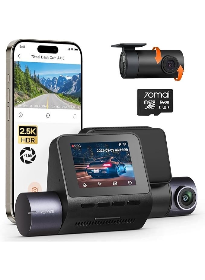 70mai Dash Cam A410 2.5K HDR Dual with GPS, Emergency Record, G-Sensor, App Control and Compact Design - Image 1