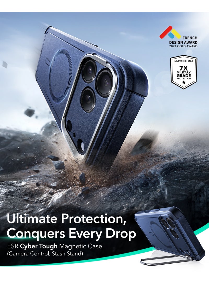 اي اس ار ESR for iPhone 17 Pro Case with Stash Stand, 7X Military-Grade Drop Protection with Camera Control, Shock-Absorbing Phone Rugged Cover, Compatible with MagSafe Accessories, Cyber Series blue - Image 2