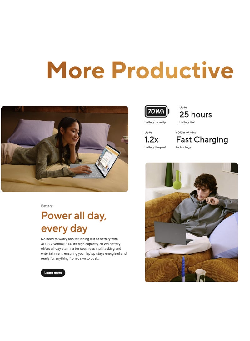أسوس لابتوب Vivobook S14 بشاشة WUXGA مقاس 14 بوصة (1920x1200)، معالج Core 5 210H/ذاكرة وصول عشوائي DDR5 سعة 16 جيجابايت/قرص صلب SSD سعة 512 جيجابايت/نظام تشغيل Windows 11 Home/بطاقة رسومات Intel UHD/ الإنجليزية/العربية - Image 5