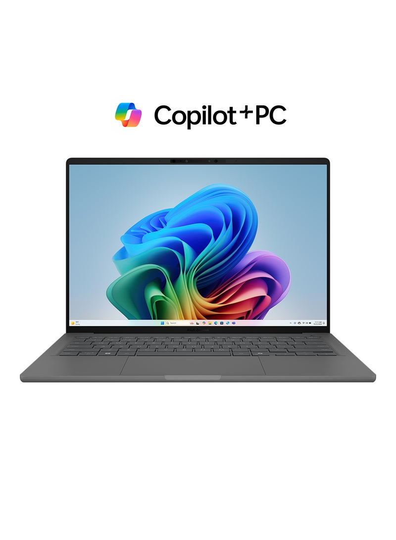 أسوس لابتوب زينبوك A14 بشاشة WUXGA مقاس 14 بوصة (1920x1200)، معالج سنابدراجون X X1 26 100، ذاكرة وصول عشوائي 16 جيجابايت DDR5، قرص صلب SSD بسعة 1 تيرابايت، نظام تشغيل ويندوز 11 هوم، معالج رسومات كوالكوم أدرينو. الإنجليزية/العربية - Image 1