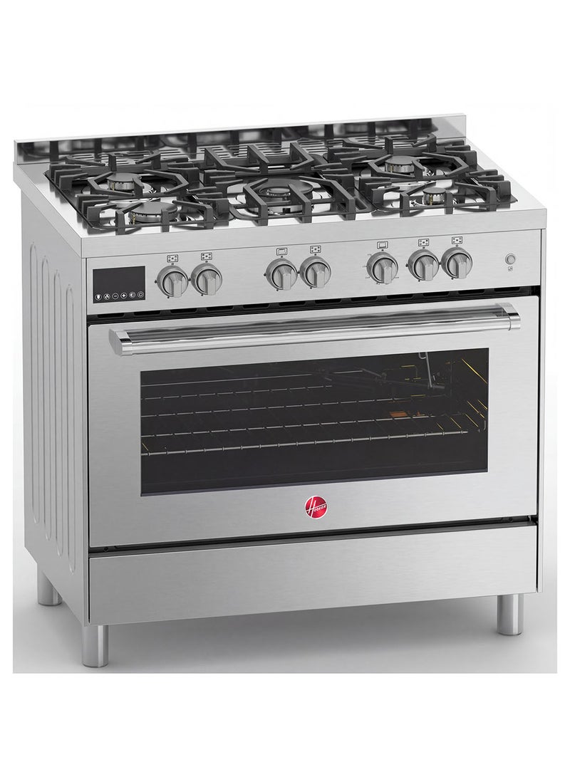Hoover 90x60 Full Gas Cooker with 5 Gas Burners(1 Wok), Full Safety,Gas Oven & Grill, Auto Ignition, H Cast Iron Support, Cooling & Convection Fan, 3 Layer Glazed Doo 1-YearWarranty HGC-G95G-PS Silver - Image 1