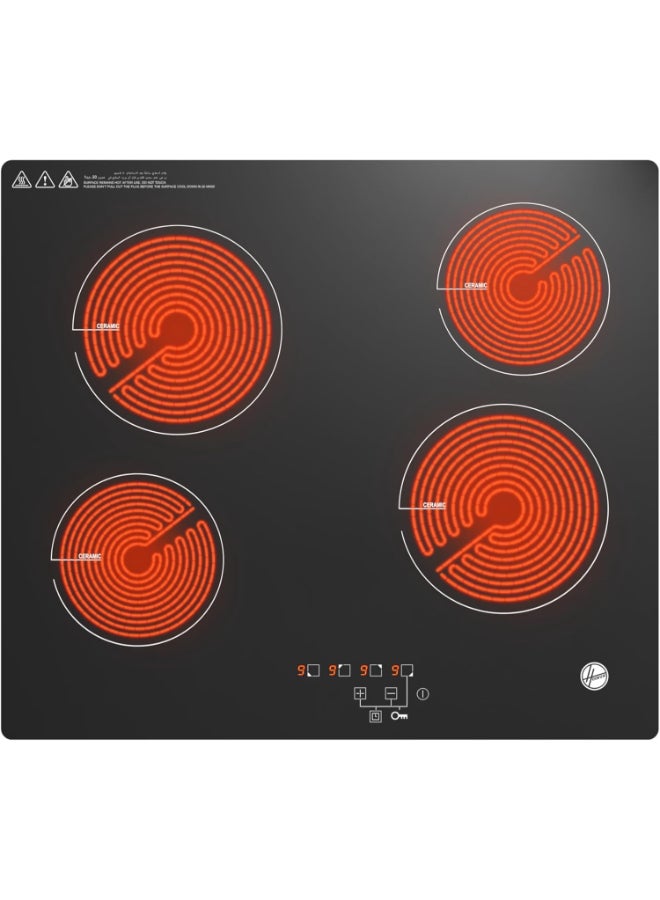 Hoover 60CM Built-In Ceramic Hob 4 Cooking Zones, 3000W, Touch Control, 9 Power Levels, Timer, Safety Features (Child Lock, Auto Off) HEH-W64C-GBIP black - Image 1