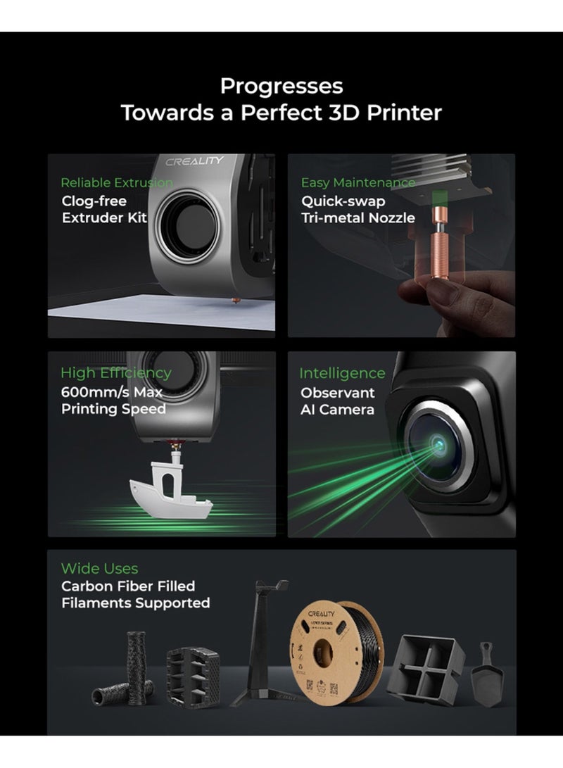 كريليتي 3D طابعة، طابعات ثلاثية الأبعاد احترافية بسرعة قصوى 600 مم/ث، كاميرا ذكية، مستوى تلقائي وناقل مباشر خالي من الانسداد، حجم الطباعة 22×22×25 سم، تدعم خيوط الألياف الكربونية للطباعة عالية الحرارة، K1C 2025 - Image 2