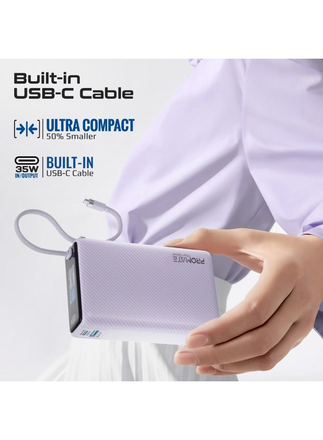 PROMATE 20000mAh Power Bank with Built-in USB-C Cable, 35W PD Fast Charging Portable Charger with TFT Smart Display, 3-Port, USB-C, USB-A for iPad, iPhone 17/16 Series, Samsung S25 Ultra, Airpods and More - Purple - Image 5