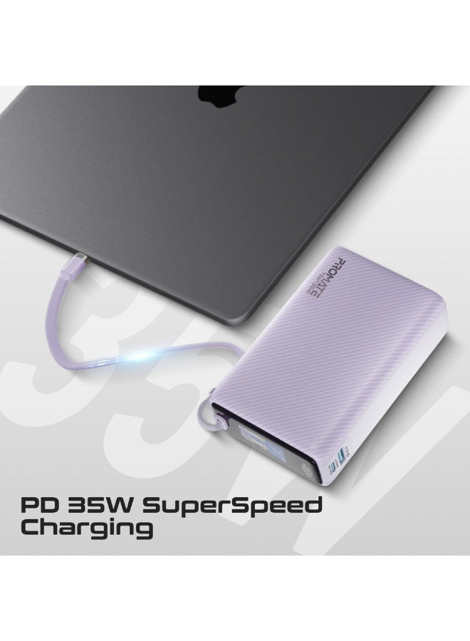 PROMATE 20000mAh Power Bank with Built-in USB-C Cable, 35W PD Fast Charging Portable Charger with TFT Smart Display, 3-Port, USB-C, USB-A for iPad, iPhone 17/16 Series, Samsung S25 Ultra, Airpods and More - Purple - Image 4