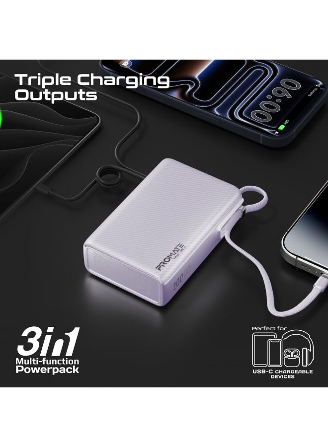 PROMATE 20000mAh Power Bank with Built-in USB-C Cable, 35W PD Fast Charging Portable Charger with TFT Smart Display, 3-Port, USB-C, USB-A for iPad, iPhone 17/16 Series, Samsung S25 Ultra, Airpods and More - Purple - Image 3
