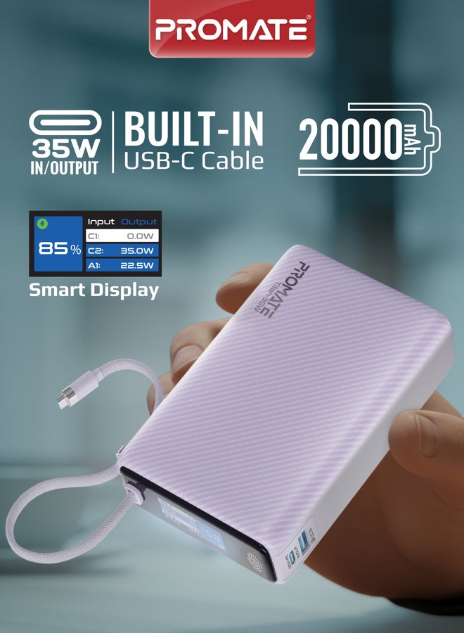 PROMATE 20000mAh Power Bank with Built-in USB-C Cable, 35W PD Fast Charging Portable Charger with TFT Smart Display, 3-Port, USB-C, USB-A for iPad, iPhone 17/16 Series, Samsung S25 Ultra, Airpods and More - Purple - Image 1