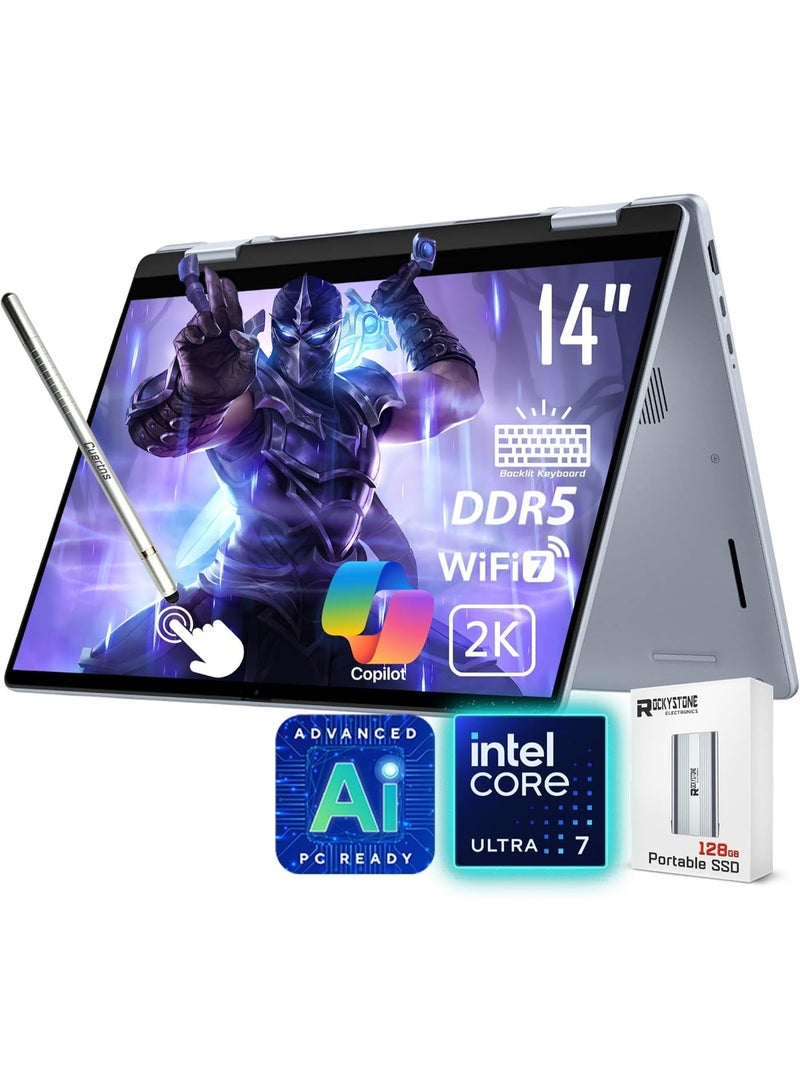 ديل 14 Plus 2-in-1 AI Ready Laptop, 14" 2K Touchscreen, Core Ultra 7 256V(>i9-12900K), Copilot+ PC, Backlit Keyboard, WiFi 7, Thunderbolt 4, Windows 11 Home,Ice Blue(16GB DDR5 RAM | 2TB SSD) English Ice Blue - Image 1