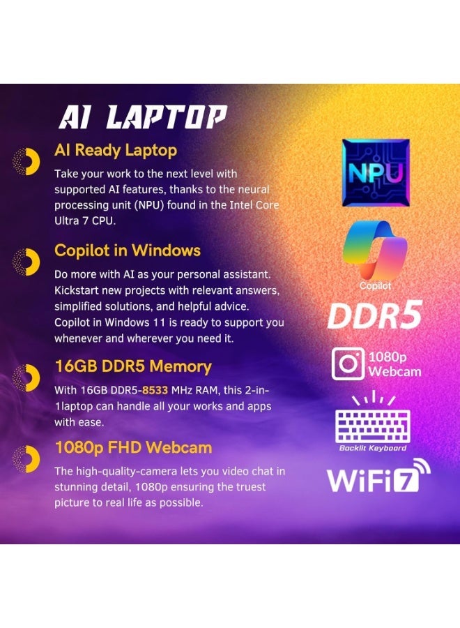 ديل 14 Plus 2-in-1 AI Ready Laptop, 14" 2K Touchscreen, Core Ultra 7 256V(>i9-12900K), Copilot+ PC, Backlit Keyboard, WiFi 7, Thunderbolt 4, Windows 11 Home,Ice Blue(16GB DDR5 RAM | 2TB SSD) English Ice Blue - Image 5