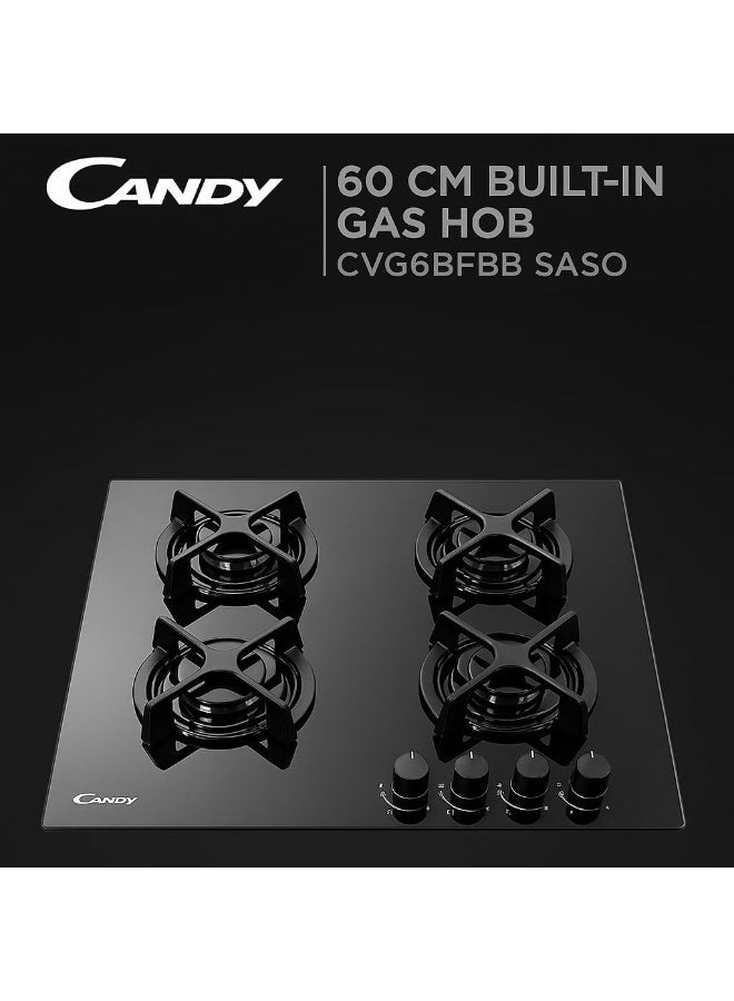 CANDY 60 Cm Black Built-In Glass Gas Hob (510 x 580 x 52 mm) 4 Burners | 4 Cast grids | Auto Ignition | Flame Failure Safety with 7.5 kW Total Power | CVG6BFBB SASO CVG6BFBB SASO Metal Black - Image 2