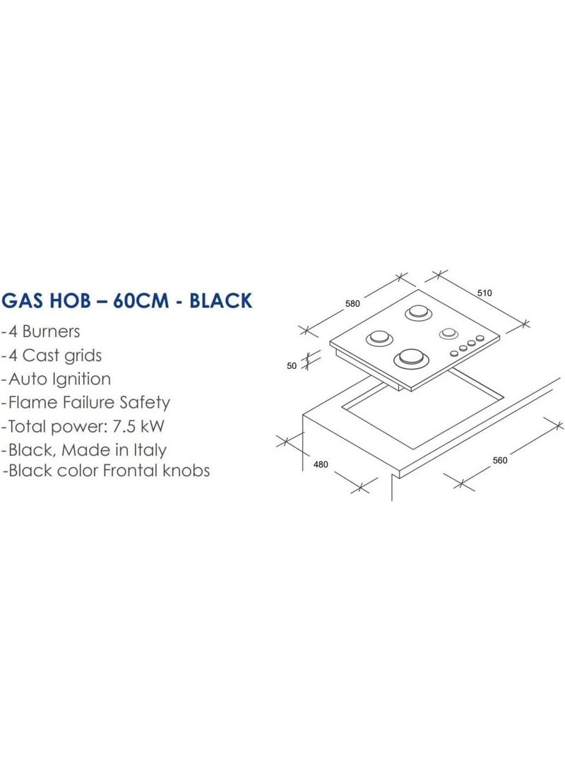 CANDY 60 Cm Black Built-In Glass Gas Hob (510 x 580 x 52 mm) 4 Burners | 4 Cast grids | Auto Ignition | Flame Failure Safety with 7.5 kW Total Power | CVG6BFBB SASO CVG6BFBB SASO Metal Black - Image 4