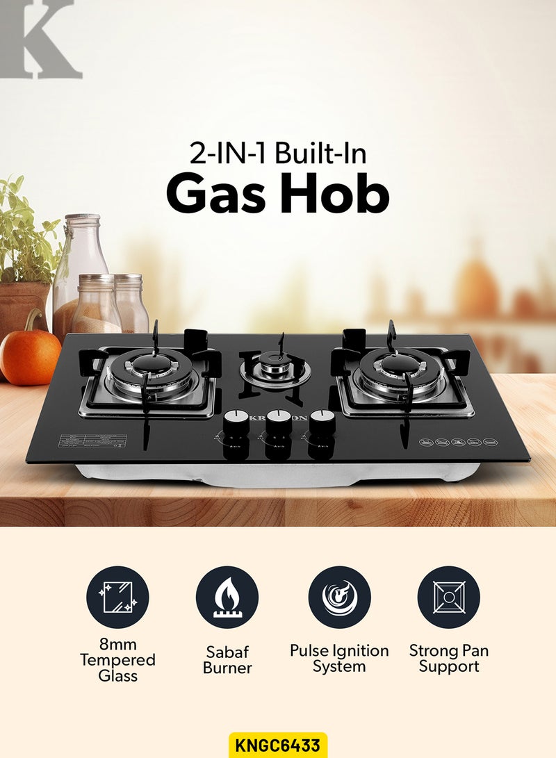 KRYPTON 3-IN-1 Built-In Gas Hob | Tempered Glass Top,  Pulse Ignition, Low Gas Consumption, 2 Years Warranty KNGC6433 Black - Image 1