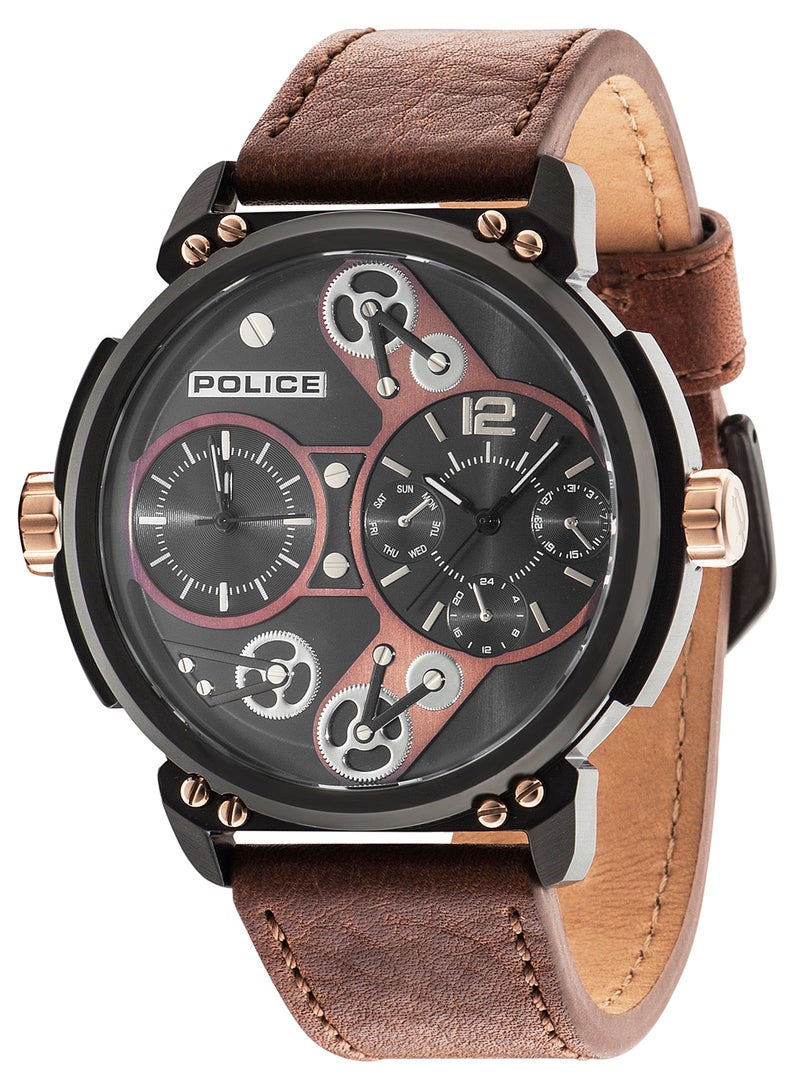 POLICE Men's Steampunk Black Dial Leather Strap Multifunction Watch for Men, 53mm - Image 1
