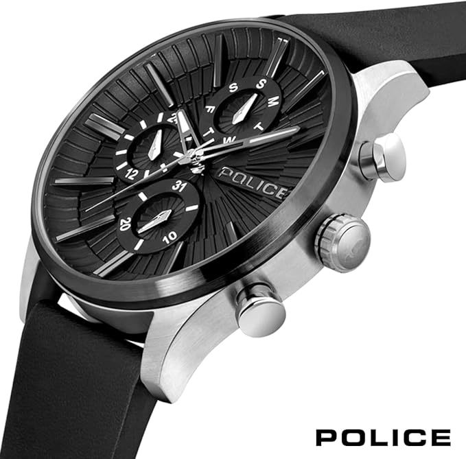 POLICE Men's Barter Black Dial Leather Strap Multifunction Watch for Men, 44mm - Image 3