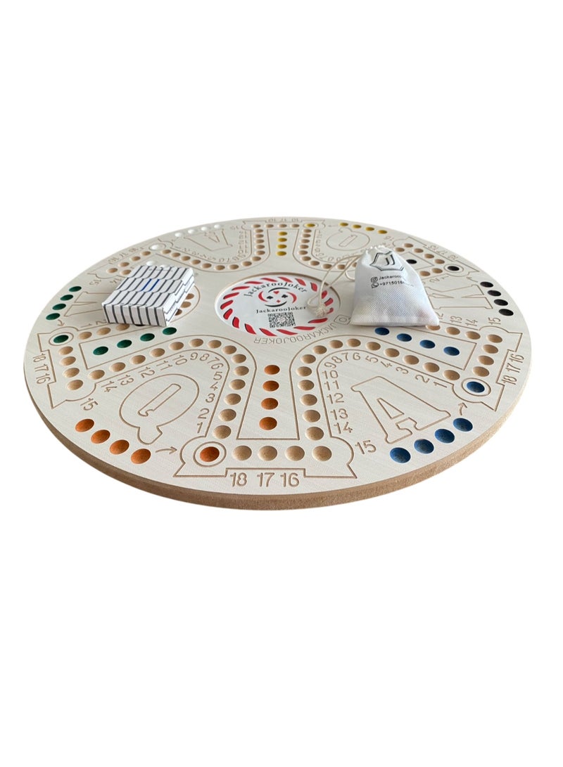 JackarooJoker Jakaro Wooden Board Game Set, Double-Sided 51x51cm Board with Glass Marbles, 4-6 Players, Storage Bag, Cards for Adults - Image 4