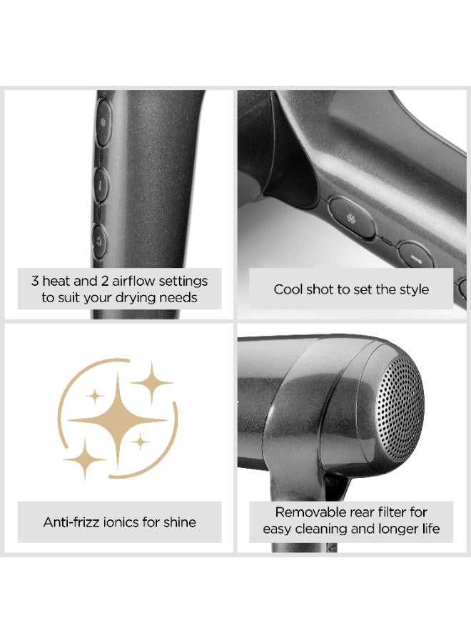 BaByliss Titanium Shine Hair Dryer with Diffuser, Powerful Compact Ionic Hair Dryer for Fast Drying, 1600W Digital Motor, 3 Heat 3 Speed Settings, Cold Shot, D6200DSDE Silver 20x10x32cm - Image 2