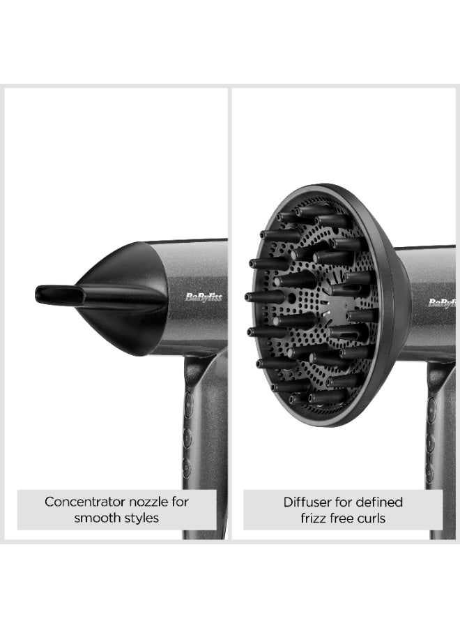 BaByliss Titanium Shine Hair Dryer with Diffuser, Powerful Compact Ionic Hair Dryer for Fast Drying, 1600W Digital Motor, 3 Heat 3 Speed Settings, Cold Shot, D6200DSDE Silver 20x10x32cm - Image 3