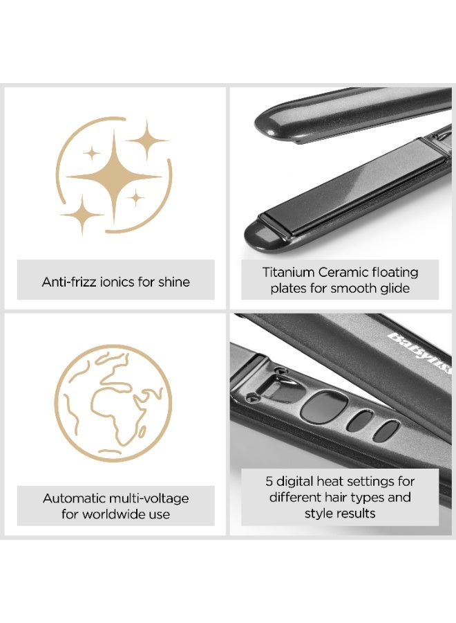 BaByliss Titanium Shine Hair Straightener 24mm Titanium Ceramic Plates with Ionic Technology, 5 Heat Settings 150–230°C, Fast Heating, Multi-Voltage Use, (ST620SDE) Gray 17.5x8.9x32.4cm - Image 2