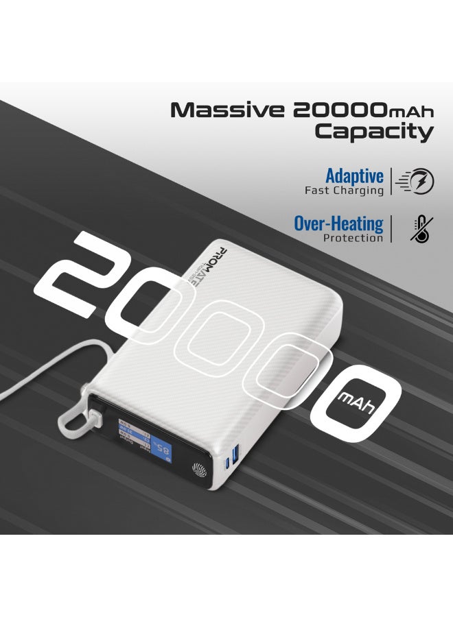 PROMATE 20000mAh Power Bank with Built-in USB-C Cable, 35W PD Fast Charging Portable Charger with TFT Smart Display, 3-Port, USB-C, USB-A for iPad, iPhone 17/16 Series, Samsung S25 Ultra, Airpods and More - White - Image 2
