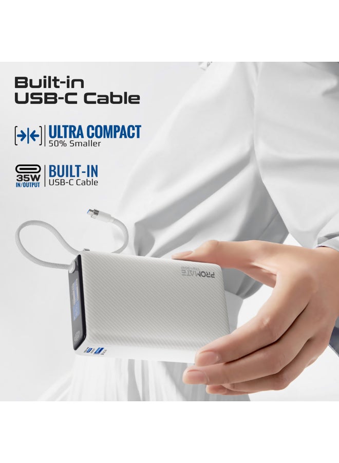PROMATE 20000mAh Power Bank with Built-in USB-C Cable, 35W PD Fast Charging Portable Charger with TFT Smart Display, 3-Port, USB-C, USB-A for iPad, iPhone 17/16 Series, Samsung S25 Ultra, Airpods and More - White - Image 5