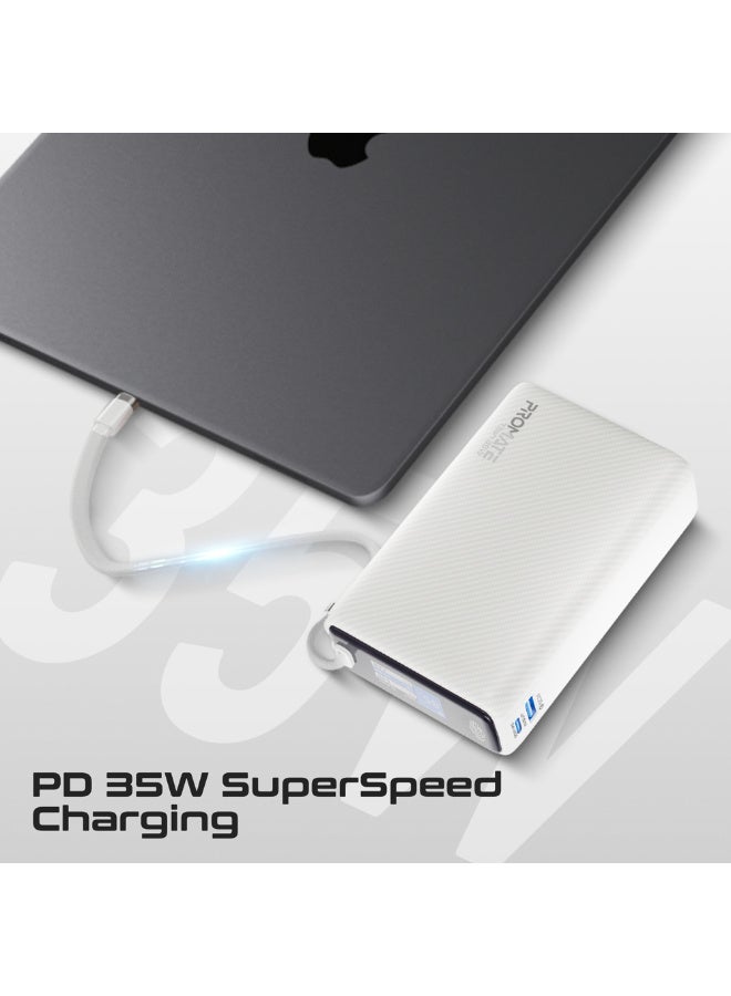PROMATE 20000mAh Power Bank with Built-in USB-C Cable, 35W PD Fast Charging Portable Charger with TFT Smart Display, 3-Port, USB-C, USB-A for iPad, iPhone 17/16 Series, Samsung S25 Ultra, Airpods and More - White - Image 4