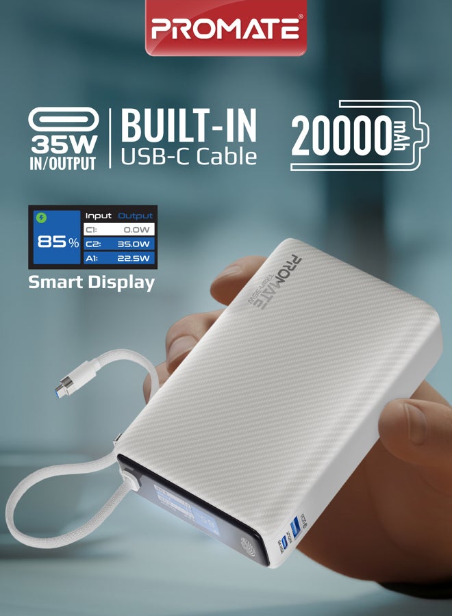 PROMATE 20000mAh Power Bank with Built-in USB-C Cable, 35W PD Fast Charging Portable Charger with TFT Smart Display, 3-Port, USB-C, USB-A for iPad, iPhone 17/16 Series, Samsung S25 Ultra, Airpods and More - White - Image 1