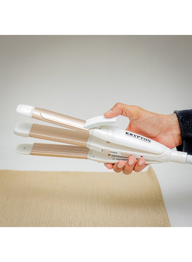 كريبتون مجفف شعر 3 في 1 KNH6396 | مكواة، مكواة تجعيد ووظيفة نيو ويف | سلك دوار 360°، خطاف للتعليق | تصفيف صالون ومنزل | أبيض وذهبي | ضمان لمدة سنتين - Image 1