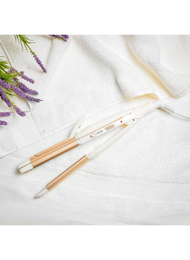 كريبتون مجفف شعر 3 في 1 KNH6396 | مكواة، مكواة تجعيد ووظيفة نيو ويف | سلك دوار 360°، خطاف للتعليق | تصفيف صالون ومنزل | أبيض وذهبي | ضمان لمدة سنتين - Image 2