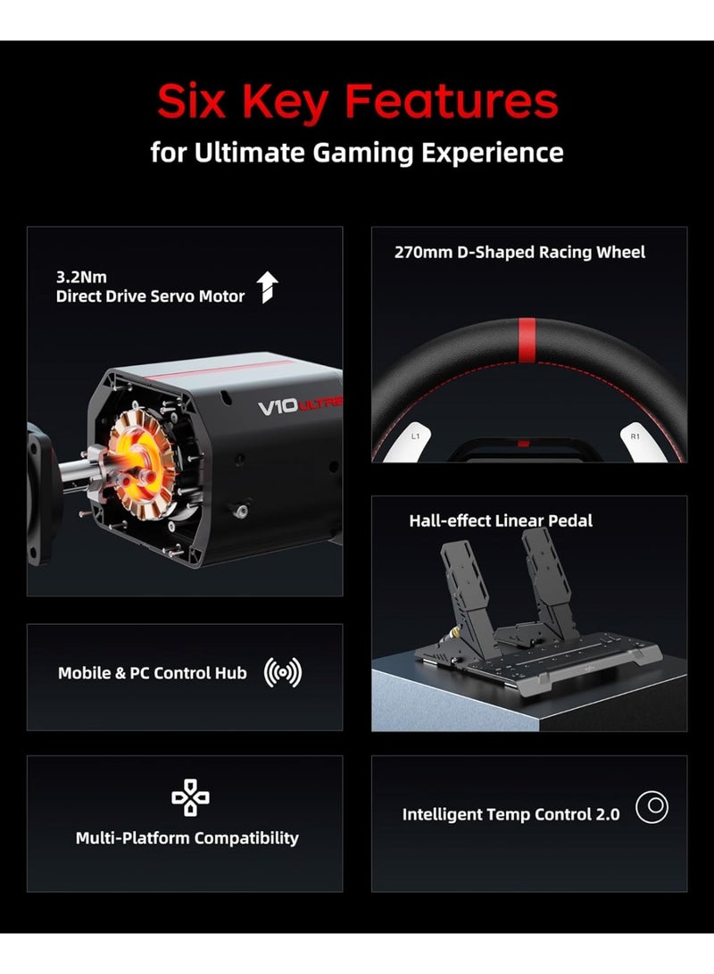PXN V10 Ultra Direct Drive Gaming Steering Wheel – 3.2Nm Force Feedback Servo Motor, 4 Paddle Shifters & Hall Pedals, PC/PS4/Xbox Racing Wheel for Simulators & Driving Games - Image 2