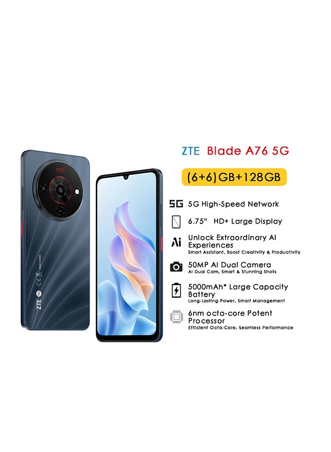 زد تي اي بليد A76 ثنائي الشريحة ستاردست بلاك 12 جيجابايت رام 128 جيجابايت 5G مع شاحن - النسخة الدولية - Image 1