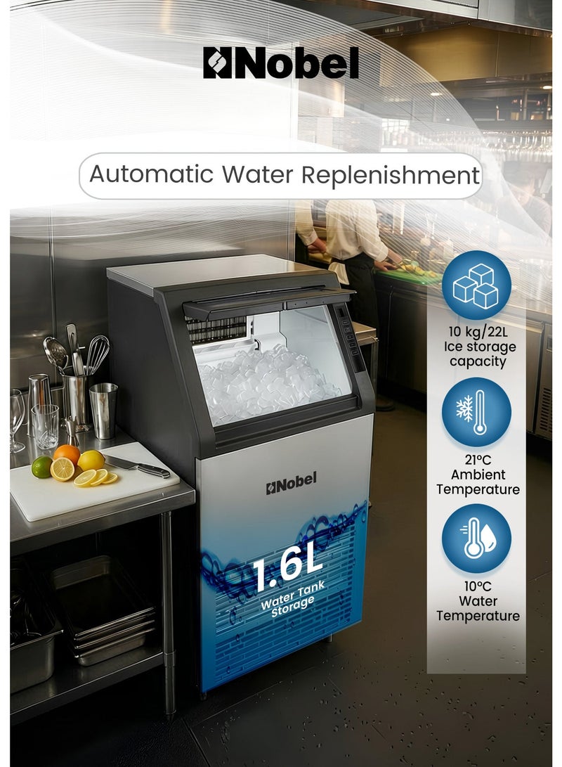 Nobel Commercial Ice Maker Machine 45Kg/24Hr 10Kg Ice Storage, Fast Cube Ice in 12–20 Minutes, LED Display, Auto Water Refill – (1 Year Warranty) 1.6 L 270 W NIM60C Silver - Image 2