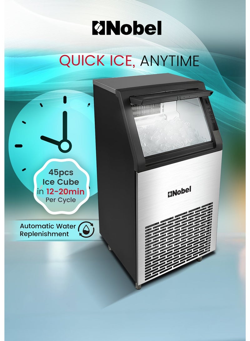 Nobel Commercial Ice Maker Machine 45Kg/24Hr 10Kg Ice Storage, Fast Cube Ice in 12–20 Minutes, LED Display, Auto Water Refill – (1 Year Warranty) 1.6 L 270 W NIM60C Silver - Image 4