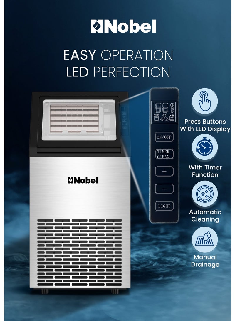 Nobel Commercial Ice Maker Machine 45Kg/24Hr 10Kg Ice Storage, Fast Cube Ice in 12–20 Minutes, LED Display, Auto Water Refill – (1 Year Warranty) 1.6 L 270 W NIM60C Silver - Image 3