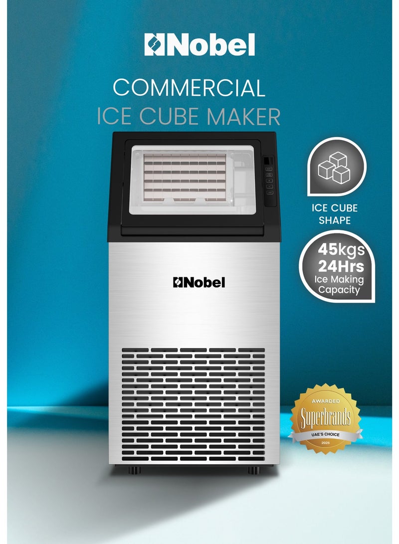 Nobel Commercial Ice Maker Machine 45Kg/24Hr 10Kg Ice Storage, Fast Cube Ice in 12–20 Minutes, LED Display, Auto Water Refill – (1 Year Warranty) 1.6 L 270 W NIM60C Silver - Image 1
