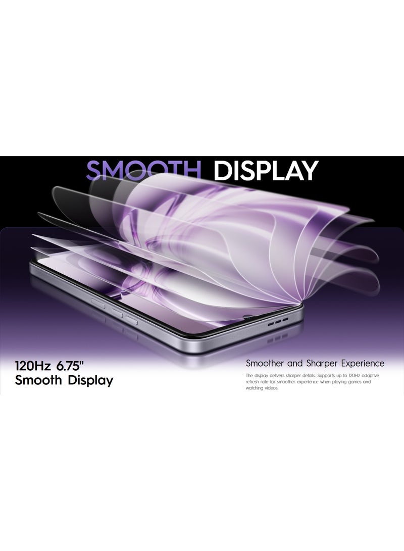 TECNO GO 3 Smartphone Aurora Purple 6.75-Inch IPS LCD 120Hz Display + Unisoc T7250 4nm Processor + 13MP Camera + 5000mAh Battery 15W Type-C Charging + 128GB Storage 4GB RAM + Android 15 + IP64 + Dual Band Wi-Fi & Bluetooth 5.2 - Image 5