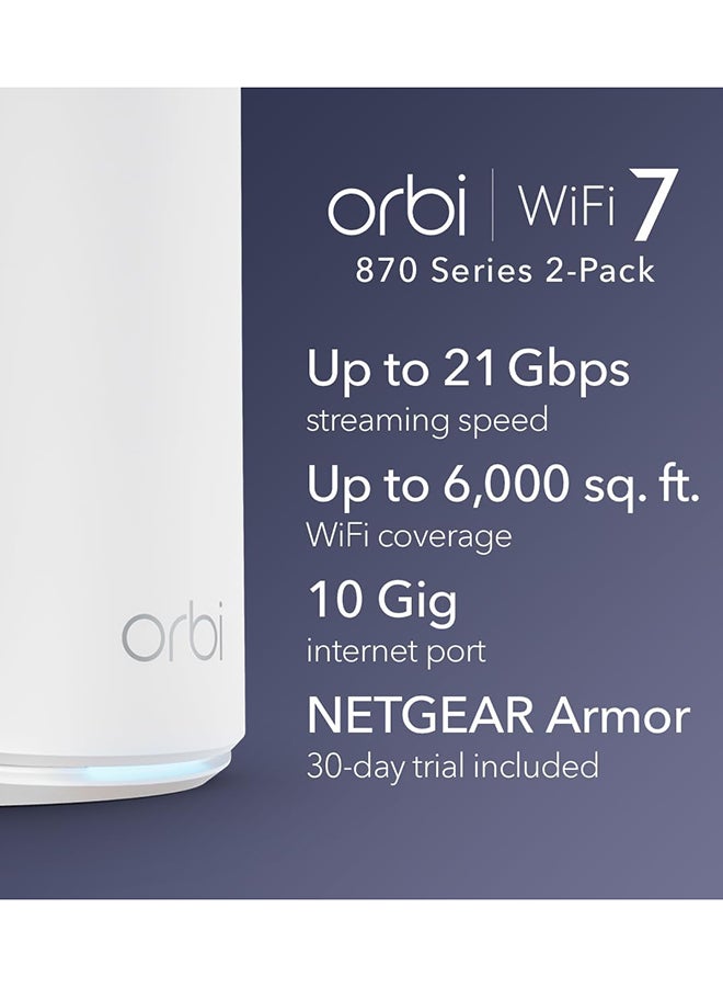 نت جير Orbi RBE872 Wi-Fi 7 Mesh System 2-Pack (Router + Satellite), Tri-Band 2.4/5/6 GHz, Up to 21Gbps, Whole Home Coverage 6000 sq ft, 150 Devices, 10G WAN & Multi-Gig LAN Ports, WPA3 Security, Orbi App Managed, Ideal for 8K Streaming & Gaming white - Image 2